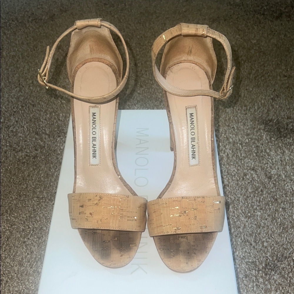 Authentic Manolo Blahnik Nude Cork Ankle-Strap Heels